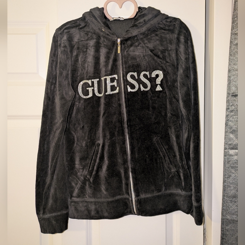 GUESS Velour Zip- Up Black Rhinestone Logo- Size M